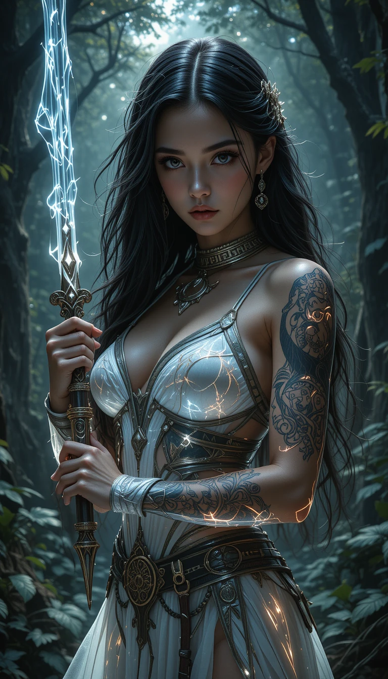 Warrior goddess in glowing armor under a moonlit forest