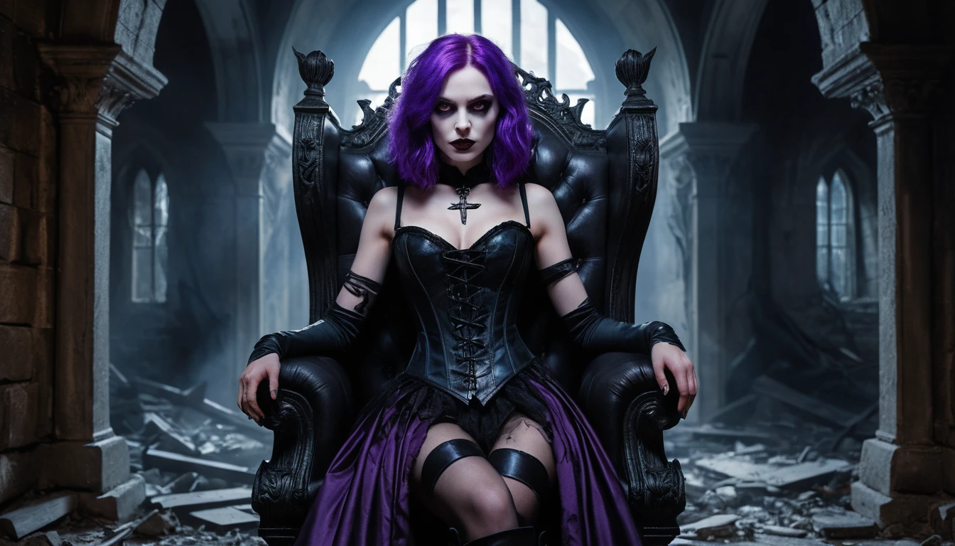 Seductive gothic vampire on a crumbling castle throne