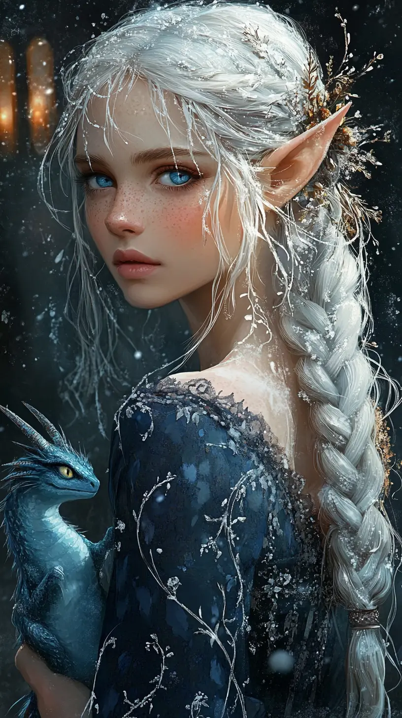 Jeune elfe avec petit dragon de glace dans un portrait de château au clair de lune