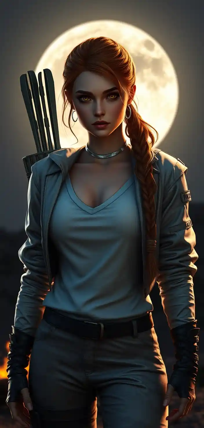 Moonlit huntress with bow by a glowing campfire