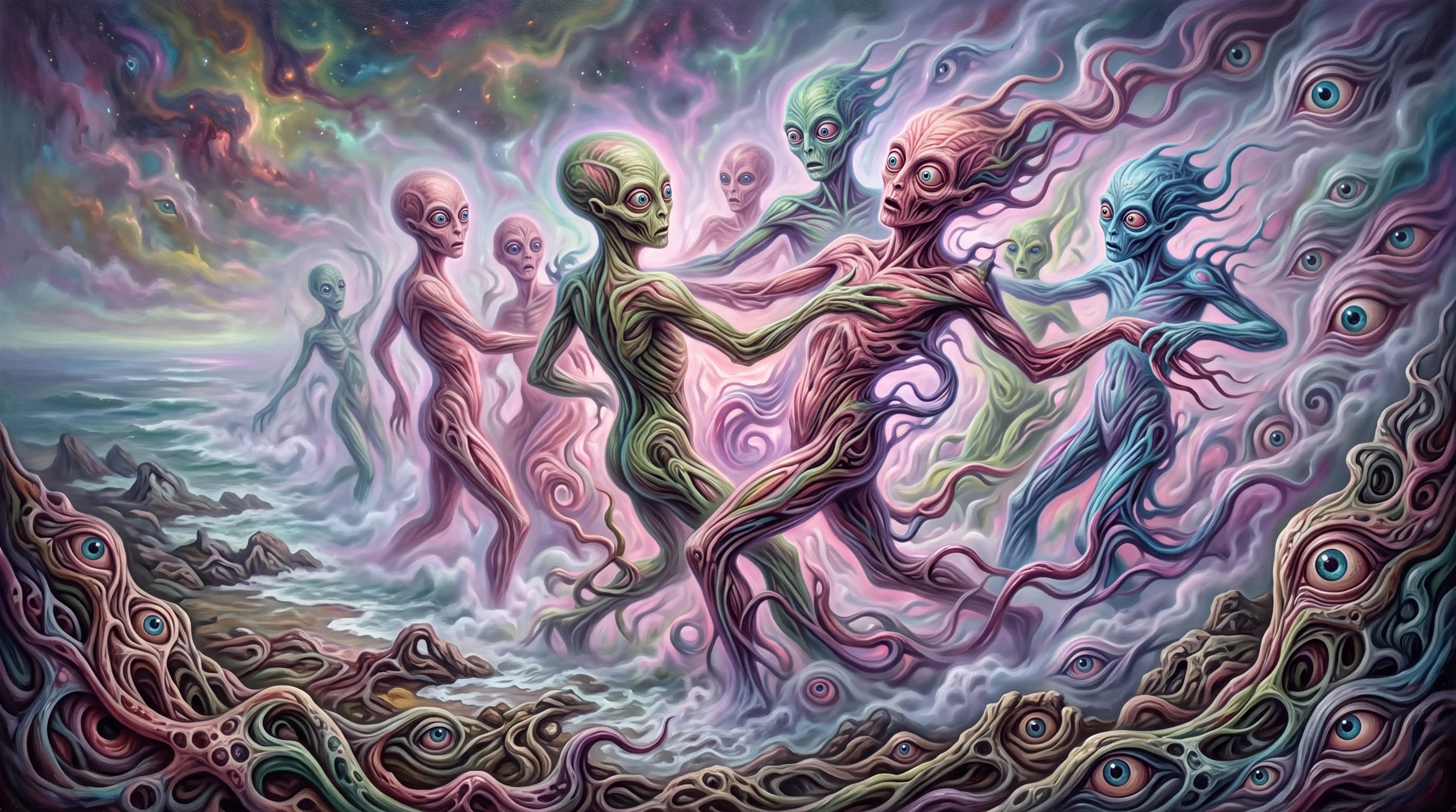 Surreal shoreline with biomorphic creatures in glowing mist