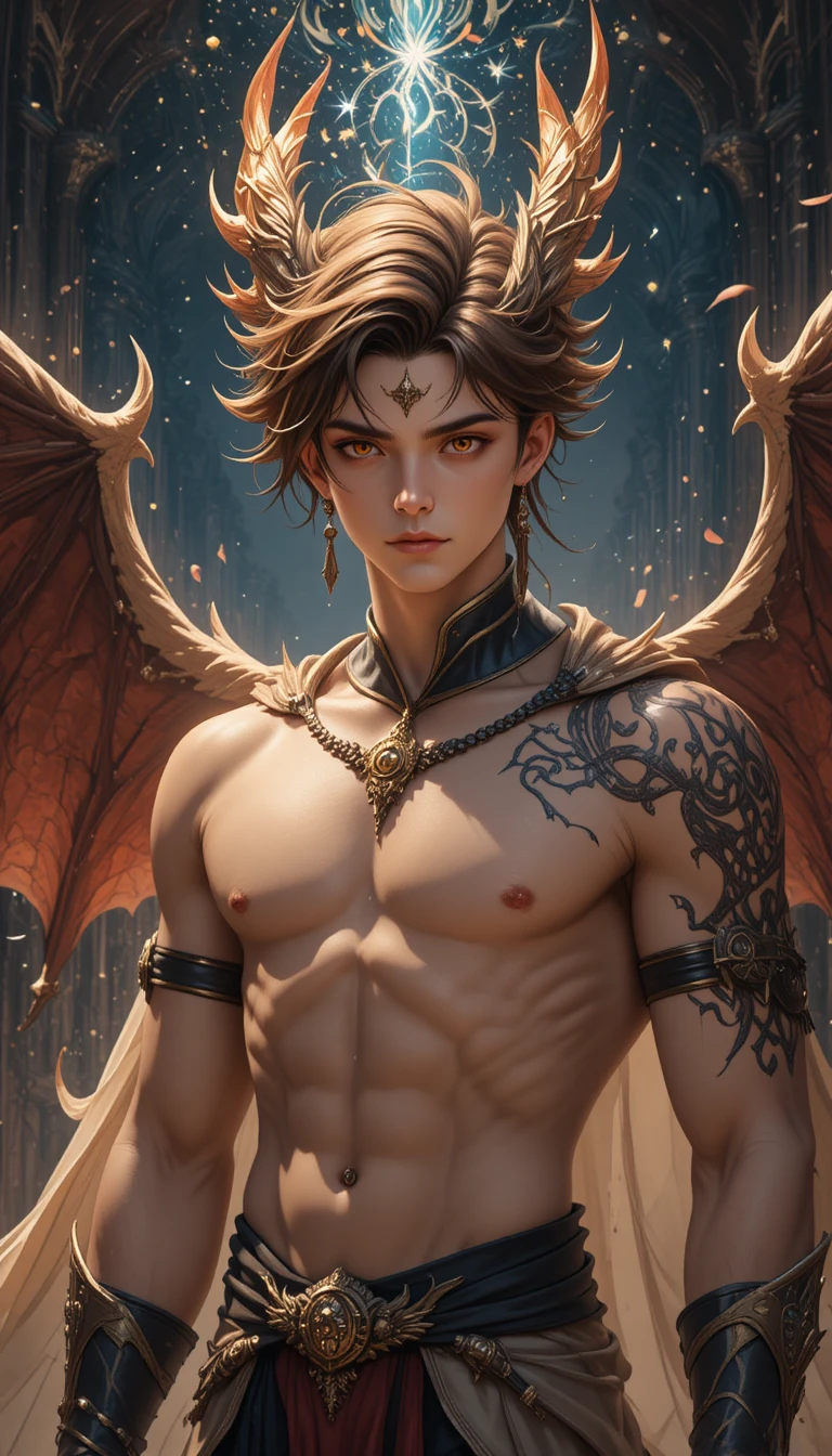 Dragon horned anime hero with dark wings and armor