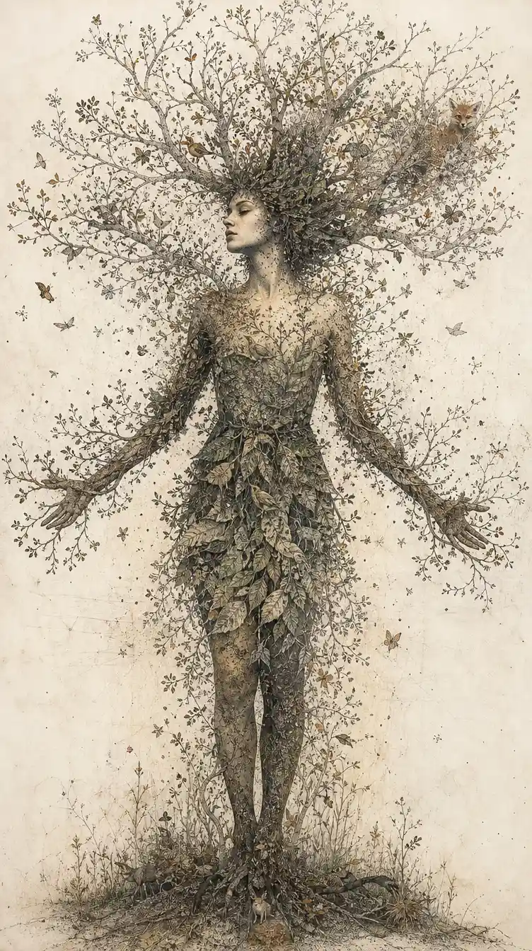 Mujer que se transforma en un árbol simbólico mediante puntillismo denso