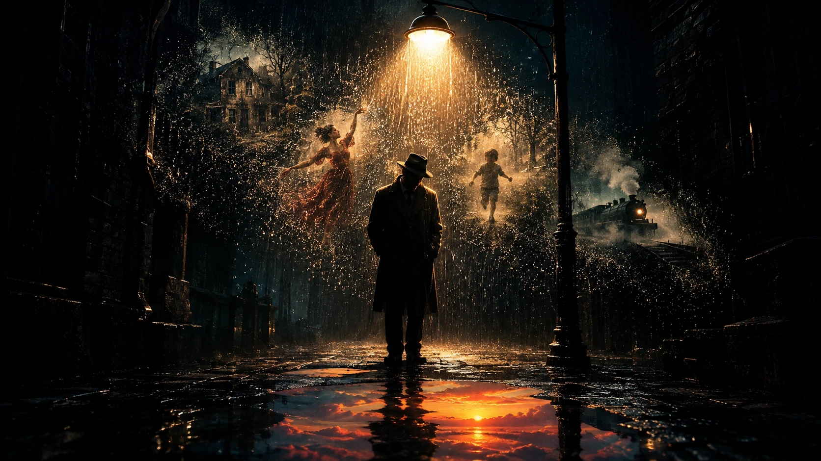 Lone man under a streetlamp in a dark rainy alley