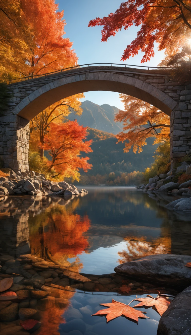 Puente de piedra sobre arroyo otoñal al amanecer resplandeciente