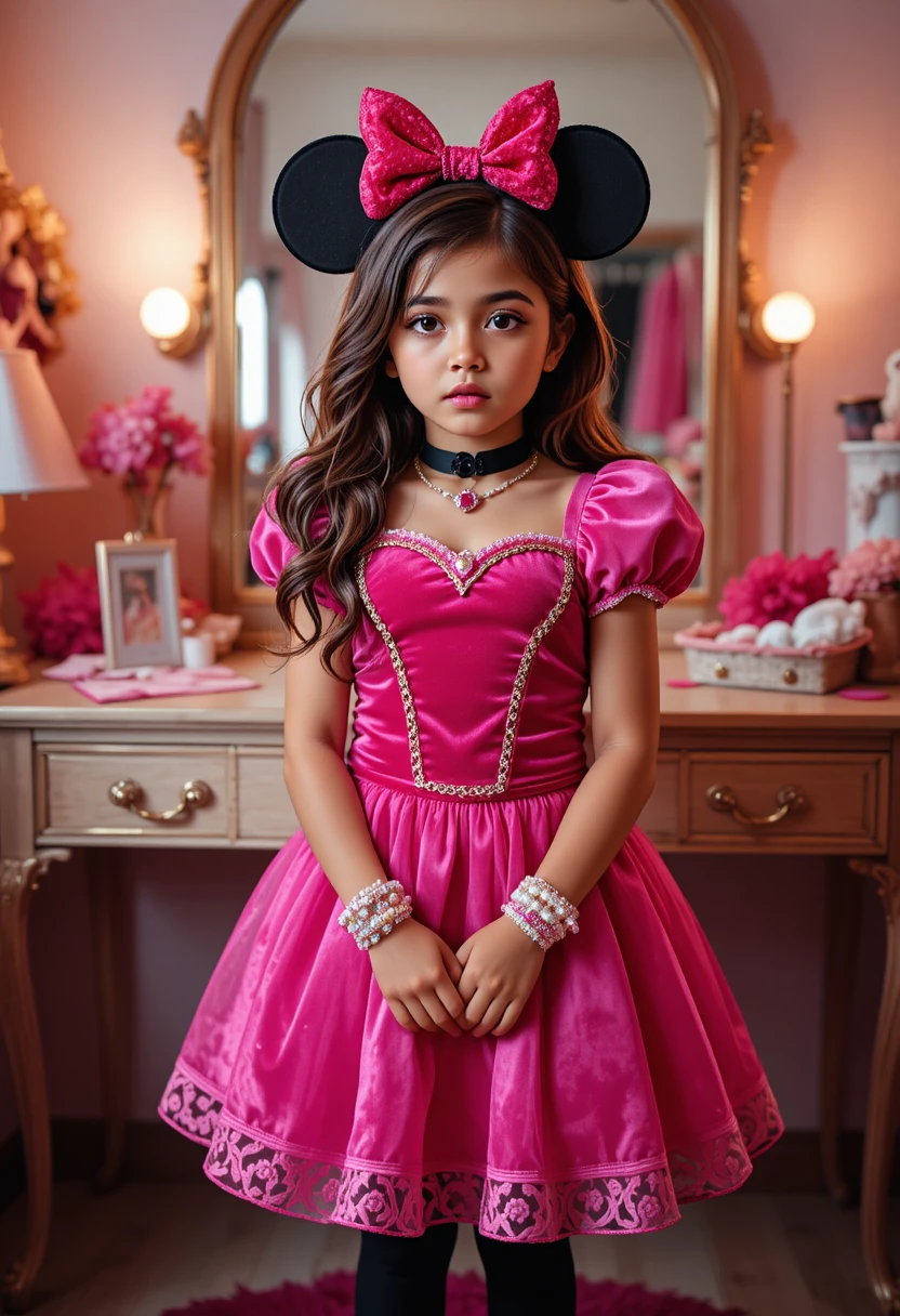 Tween boy in princess costume pouting by bedroom vanity