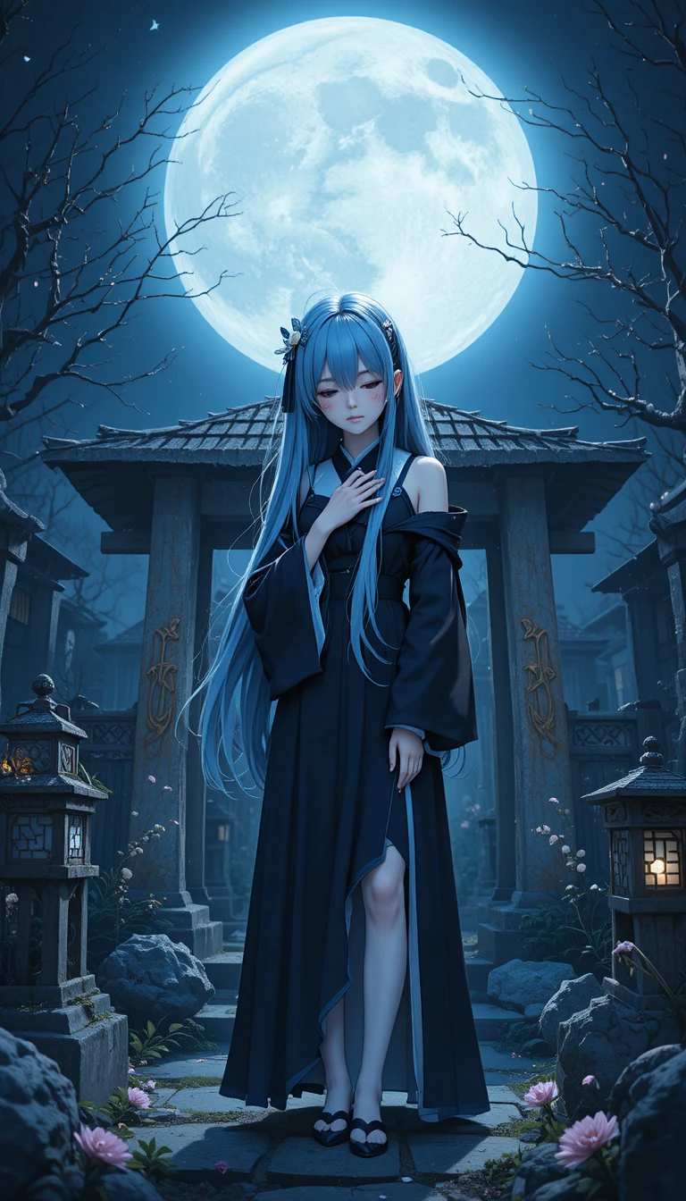 Anime shrine girl praying in a moonlit graveyard