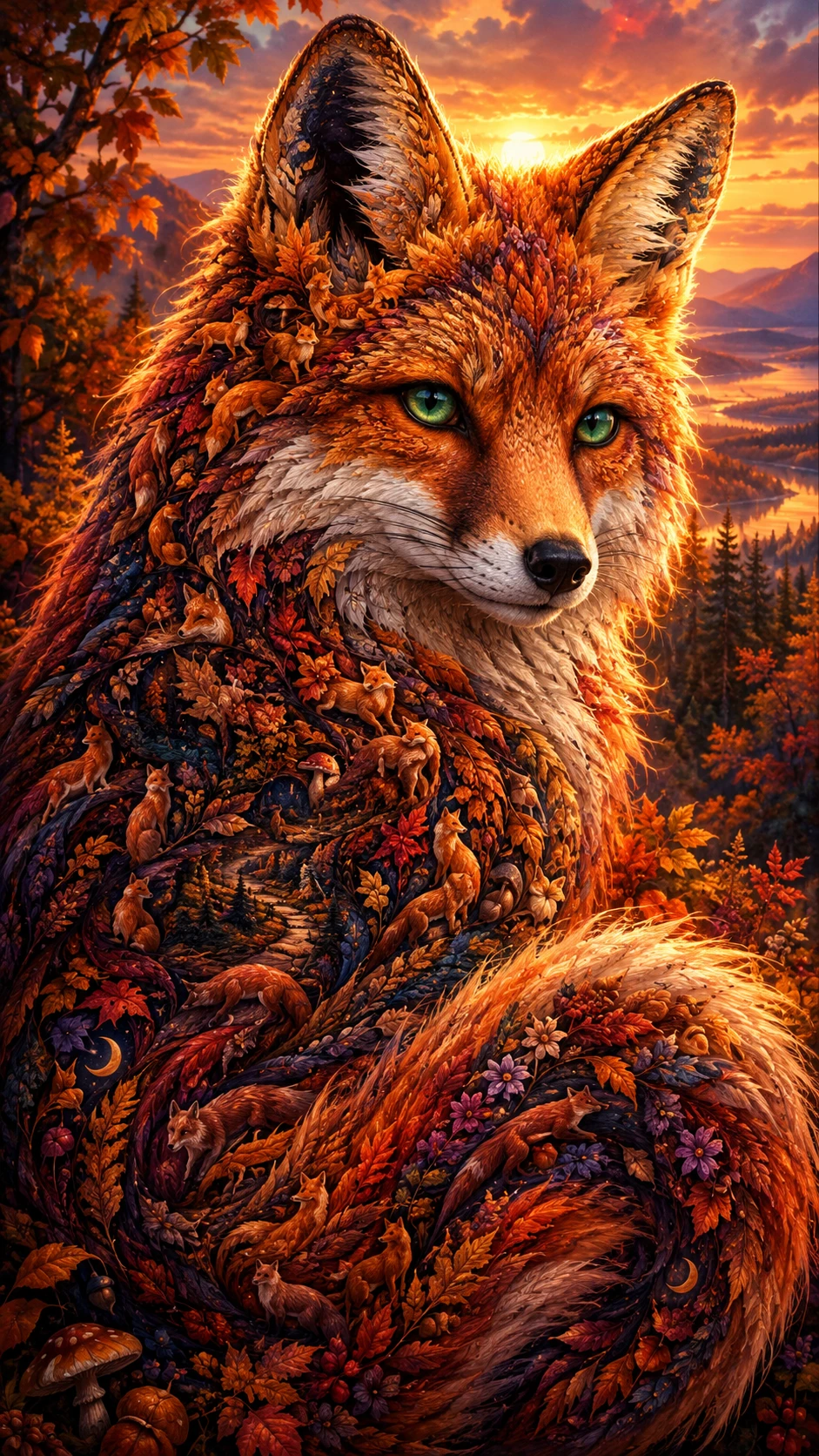 Retrato de zorro rojo brillando ante un atardecer otoñal en el bosque