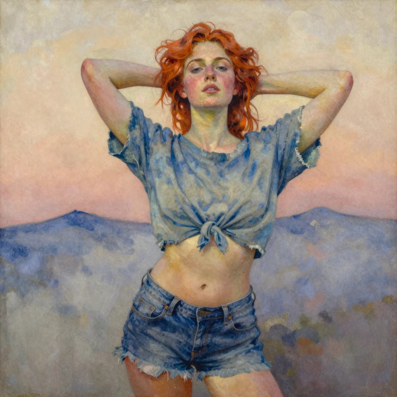 Giovane donna in denim sotto il dolce tramonto tra le montagne