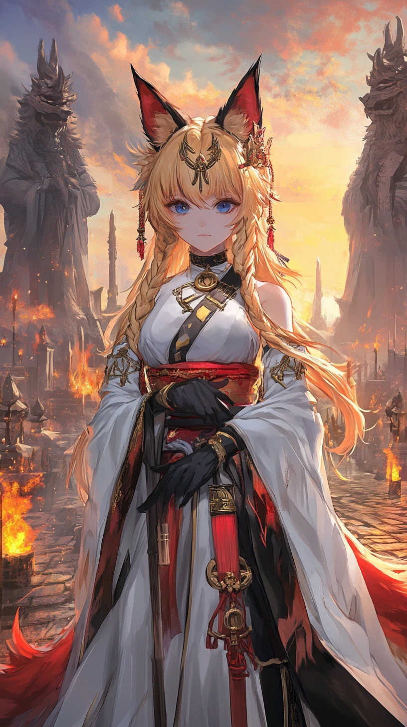 Fox girl in white flame robe at ruined cliff temple
