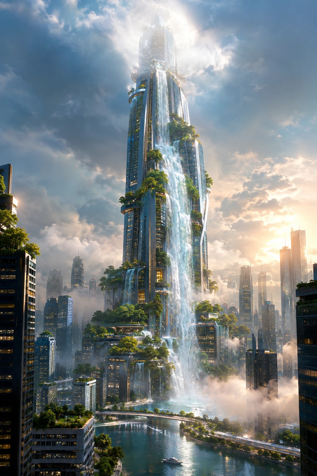 Futuristic skyscraper oasis with cascading urban waterfall