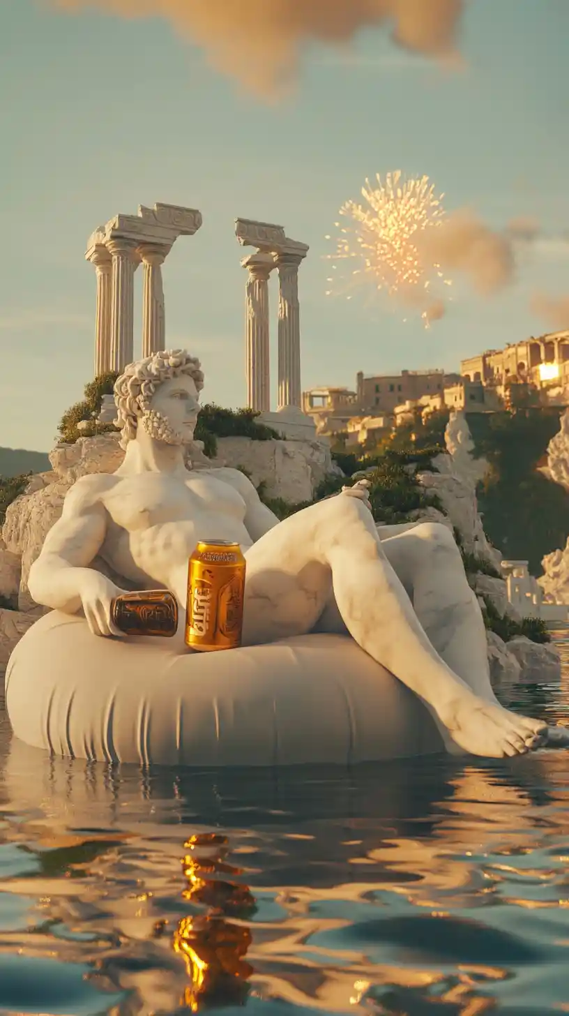 Estatua griega de mármol relajándose en la piscina de un hotel durante los fuegos artificiales