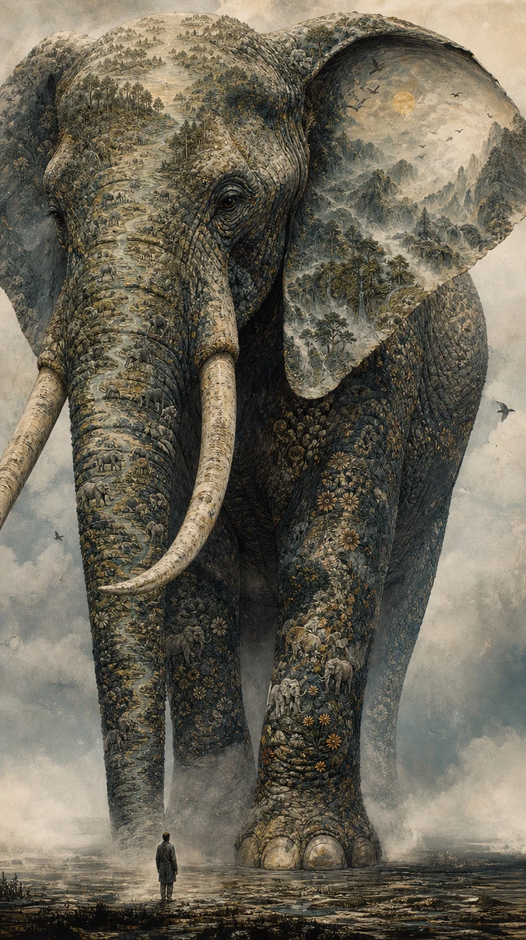 Éléphant Gigantesque dans la Brume avec Paysages Surréalistes