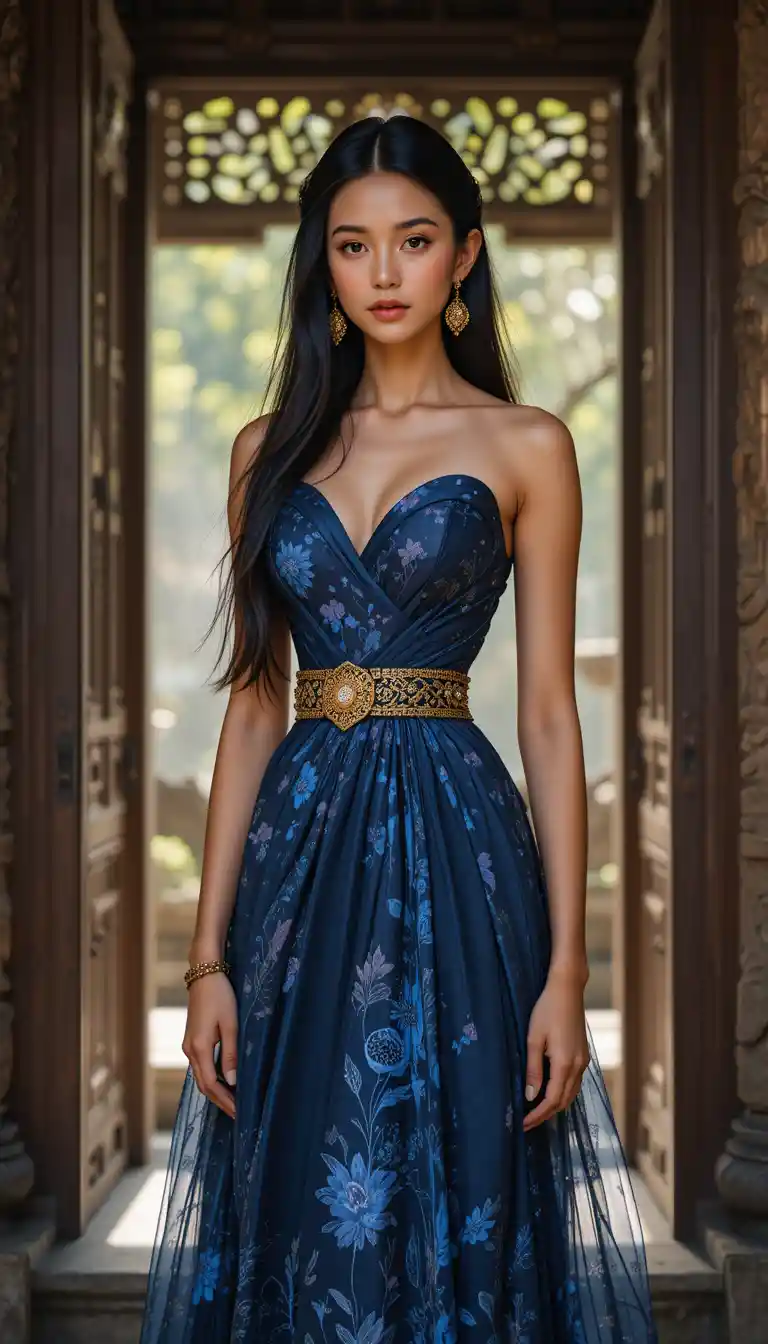 Mujer elegante con moda inspirada en Java en un portal tallado
