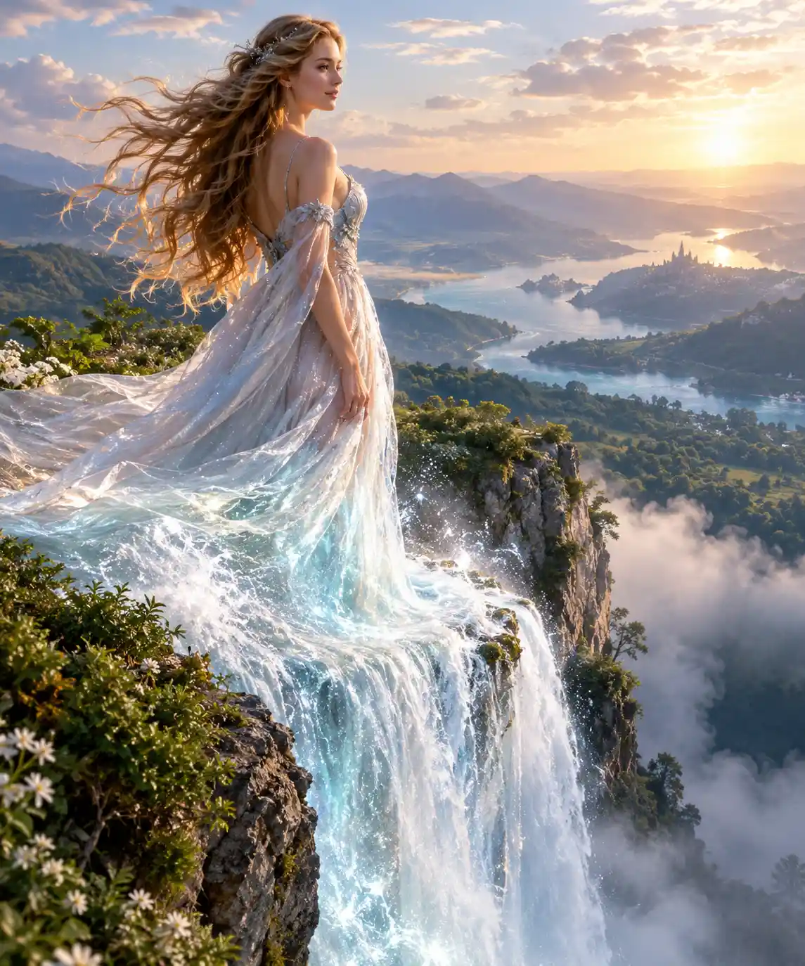 Ätherische Frau auf einer Klippe, die mit einem Wasserfall verschmilzt