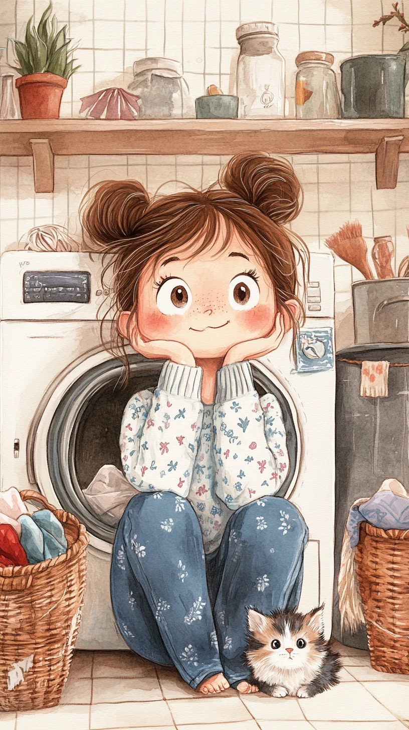 夢見る少女と子猫がいる居心地のよいランドリールームのイラスト