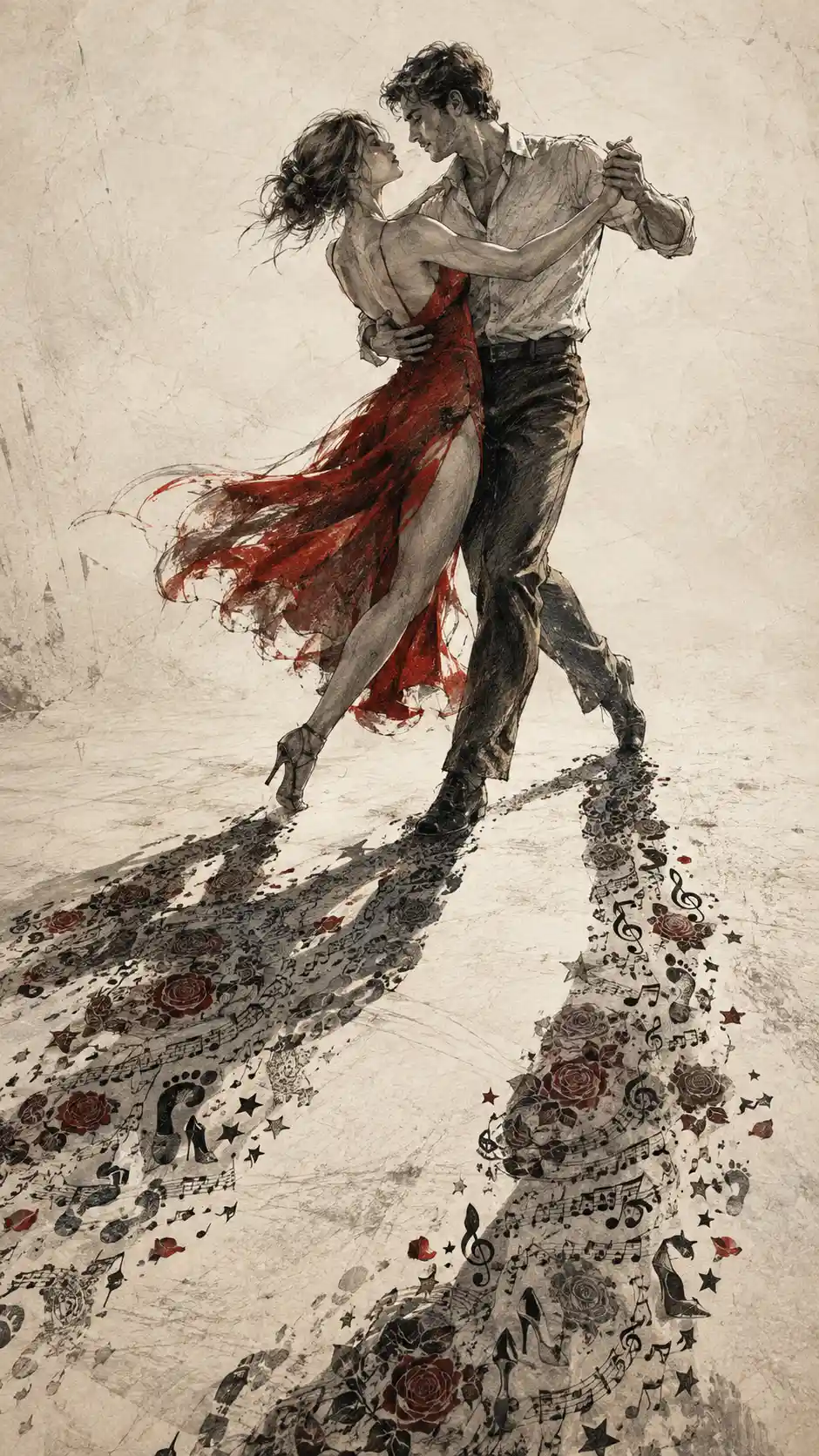Dancing couple in vast empty space with symbolic shadows