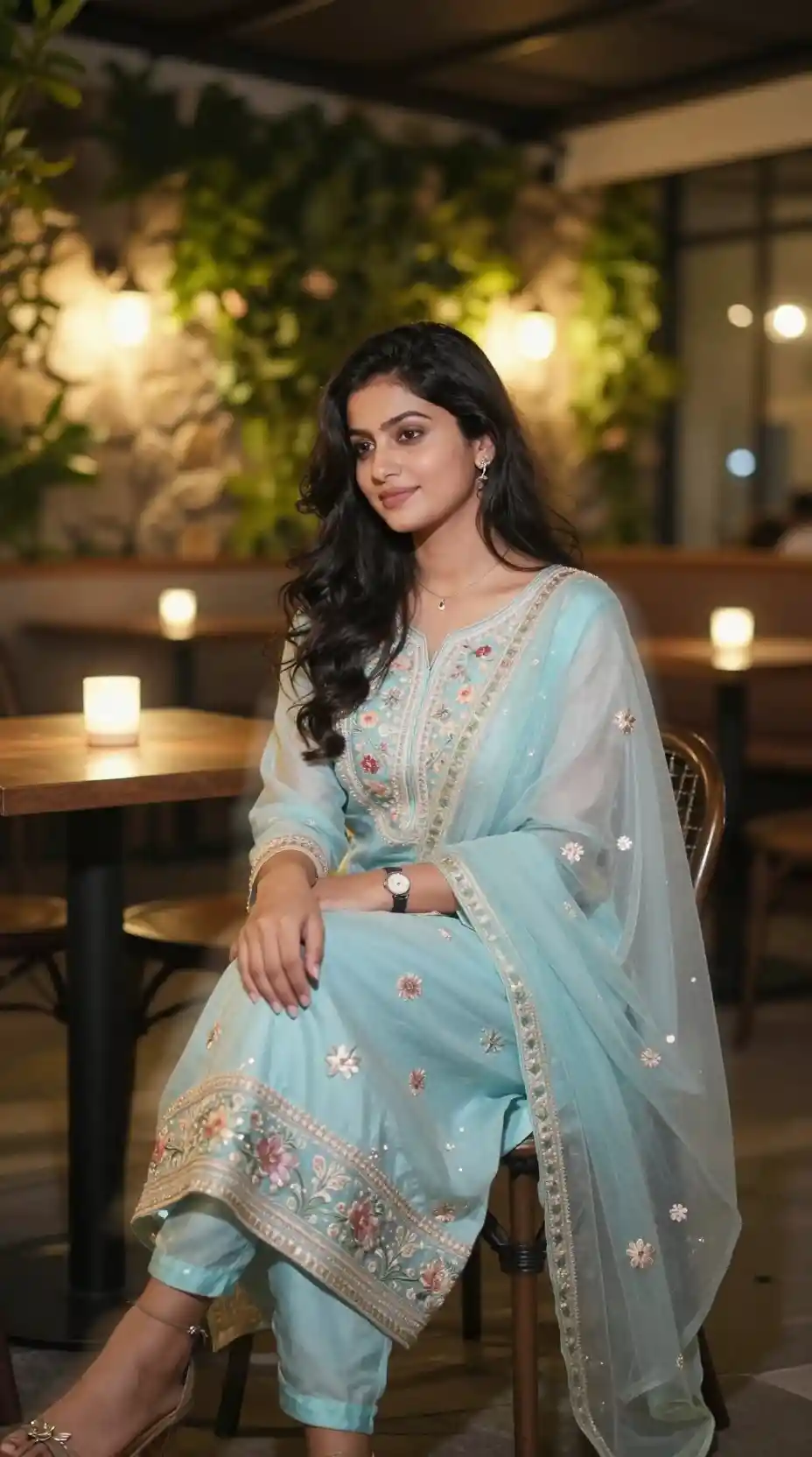 Young woman in salwar suit at cozy night cafe