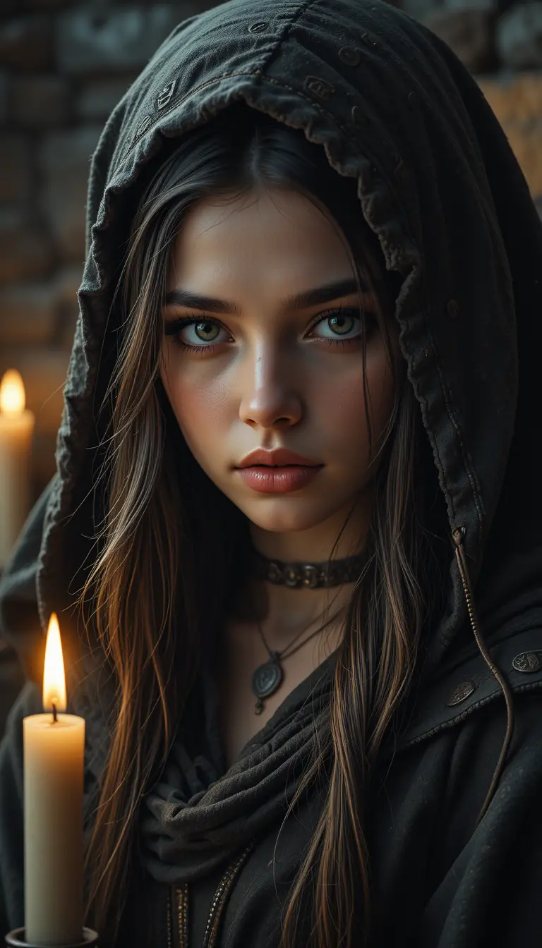 Medieval girl in hooded cloak wearing wooden rune headphones