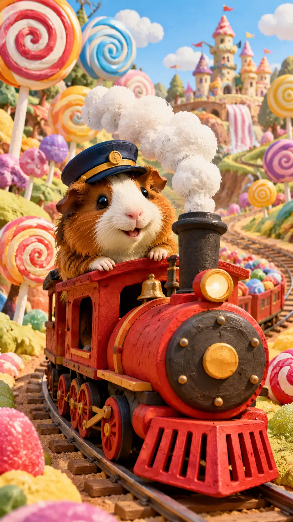 Guinea pig conductor riding a red train through candy hills
