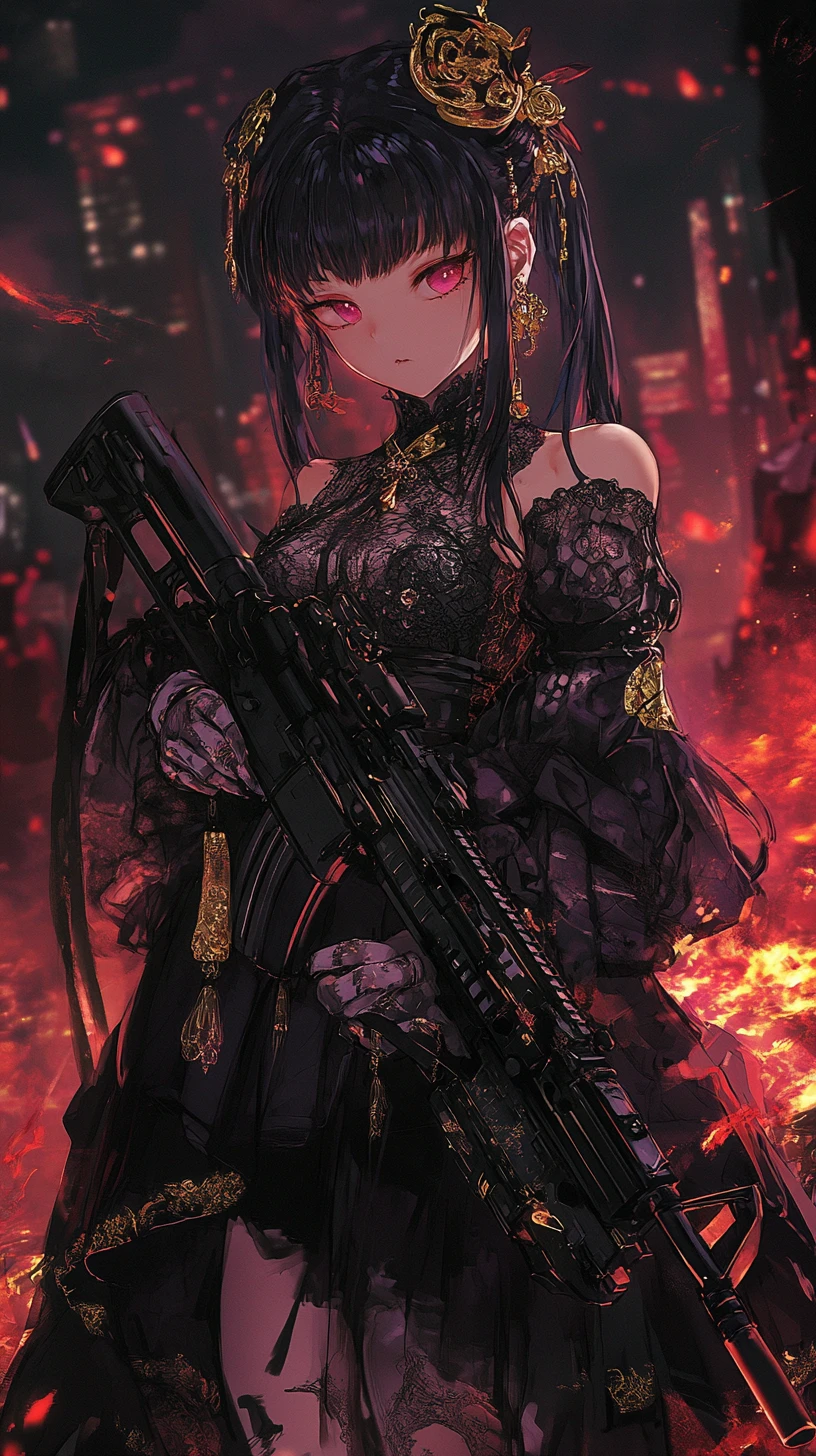 Anime girl aiming rifle in neon cyberpunk war zone