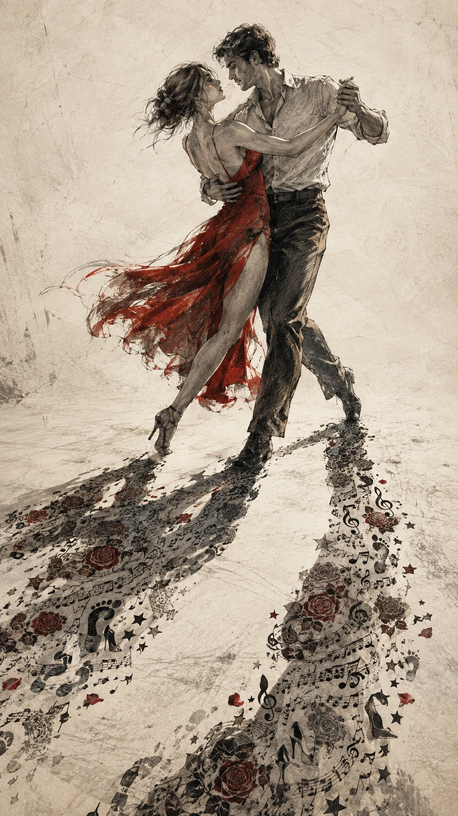 Dancing couple in vast empty space with symbolic shadows