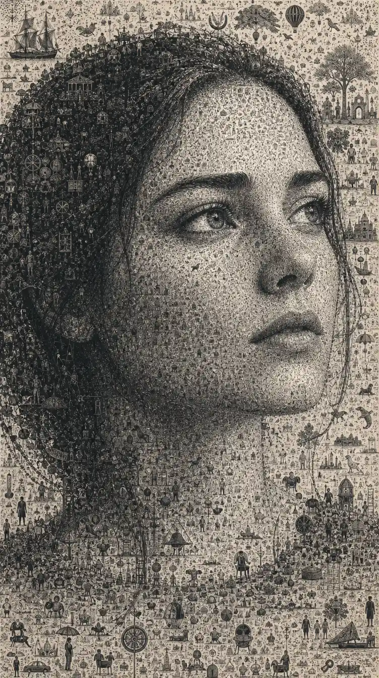 Intricate stippling drawing built from symbolic miniature imagery