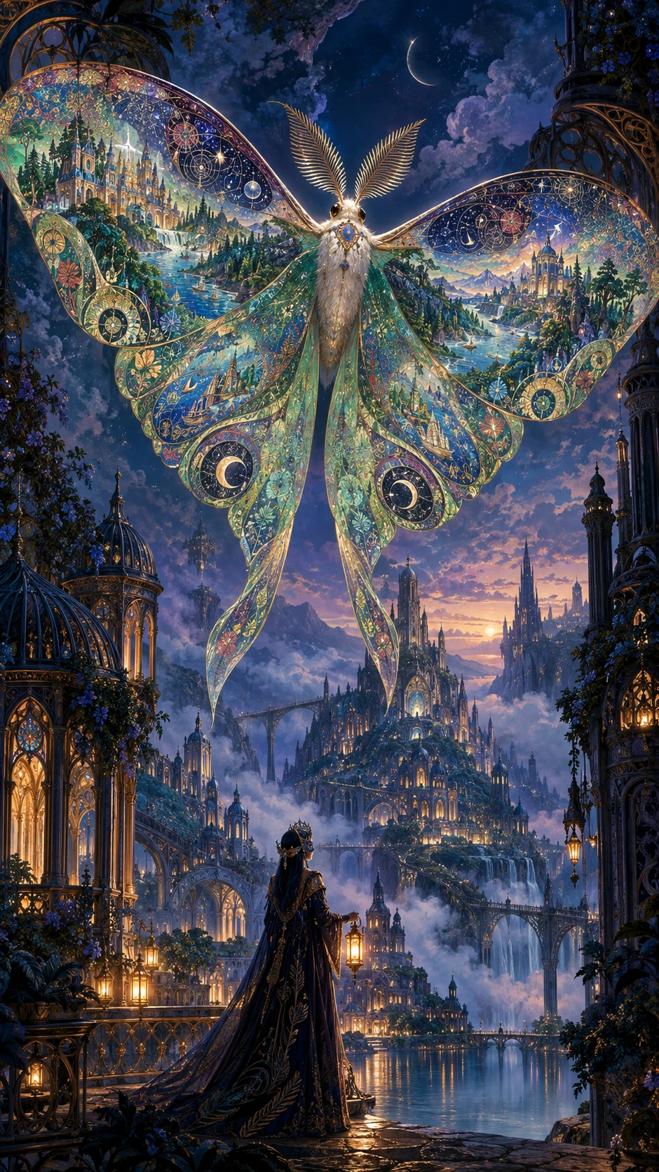 Giant Luna Moth Above Twilight Fantasy City Skyline