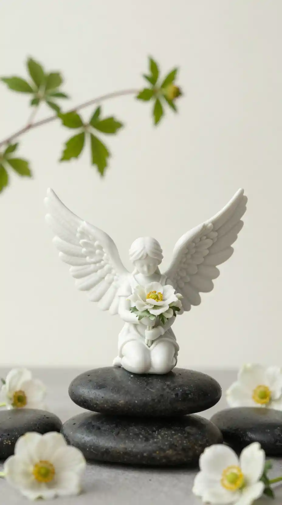 Escultura de hada de porcelana con flores sobre piedras oscuras de río
