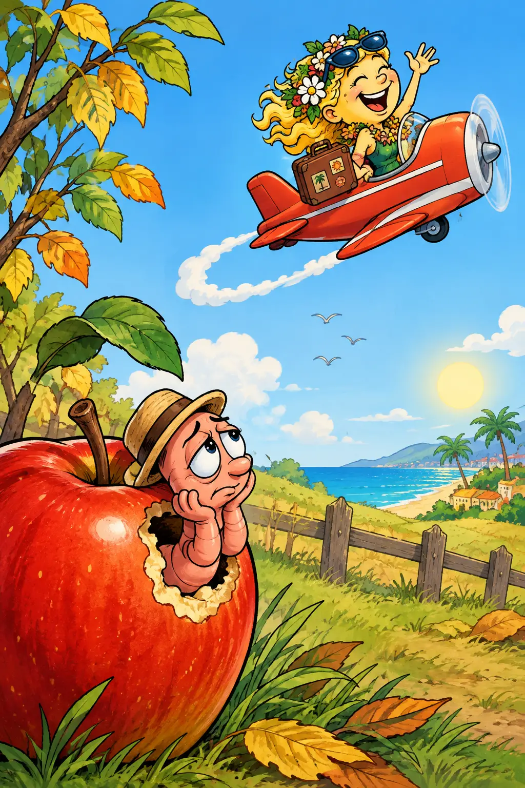 Playful cartoon worm peeking from a hole in an apple