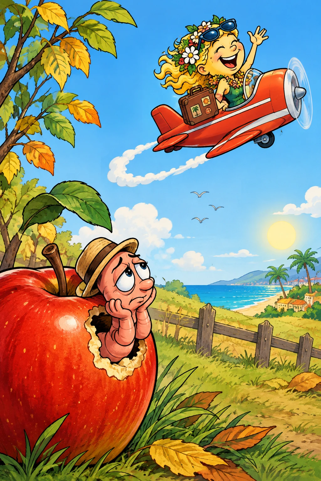 Ver de dessin animé espiègle sortant d’un trou dans une pomme