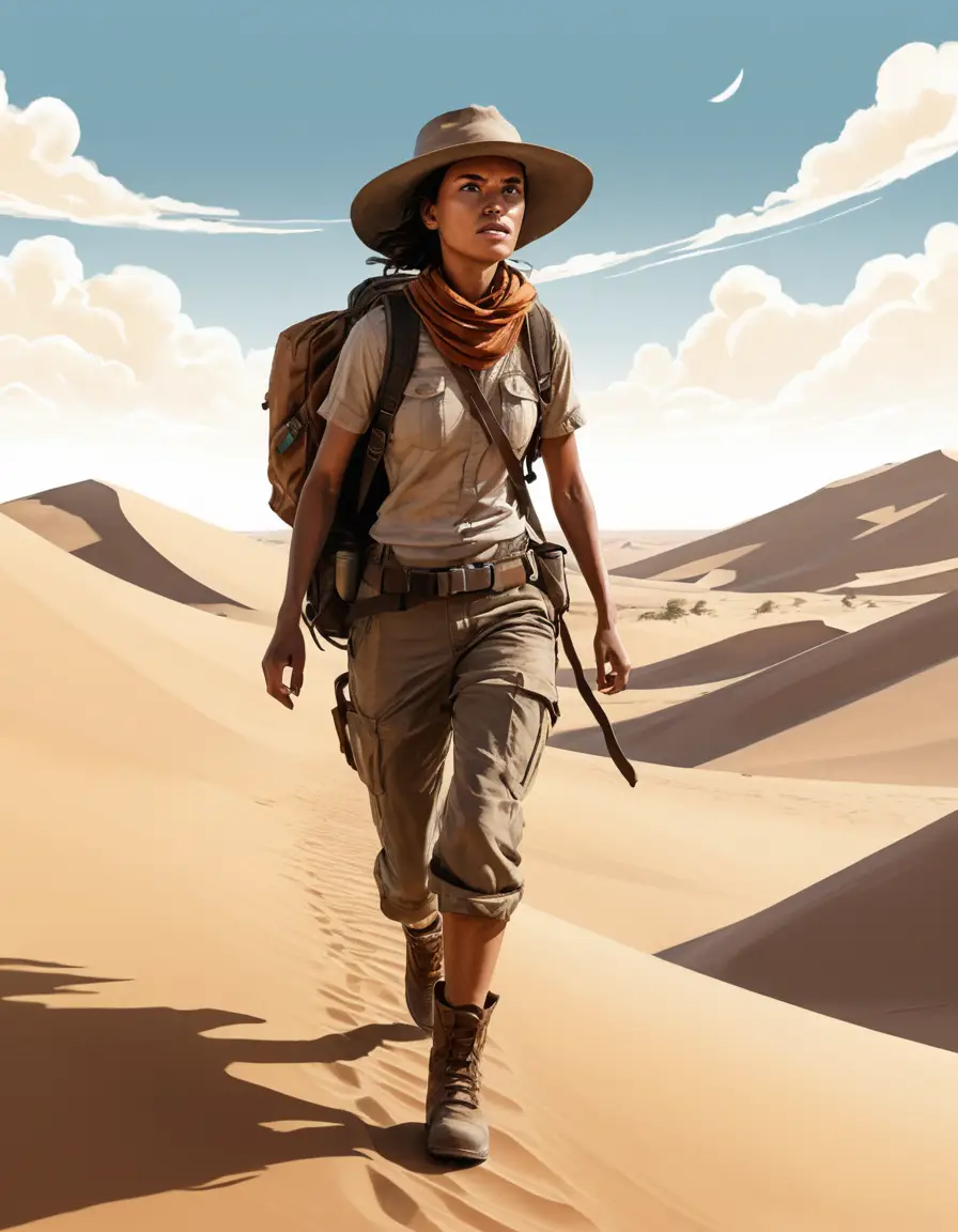 Fearless woman explorer crossing sunlit desert dunes