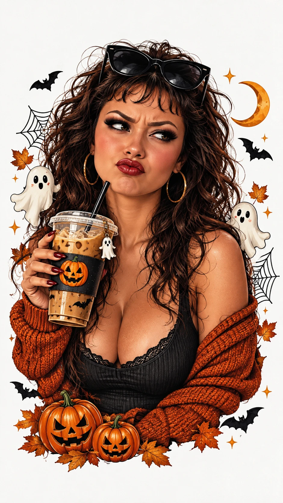 Illustration d’une femme sarcastique d’Halloween tenant un café glacé