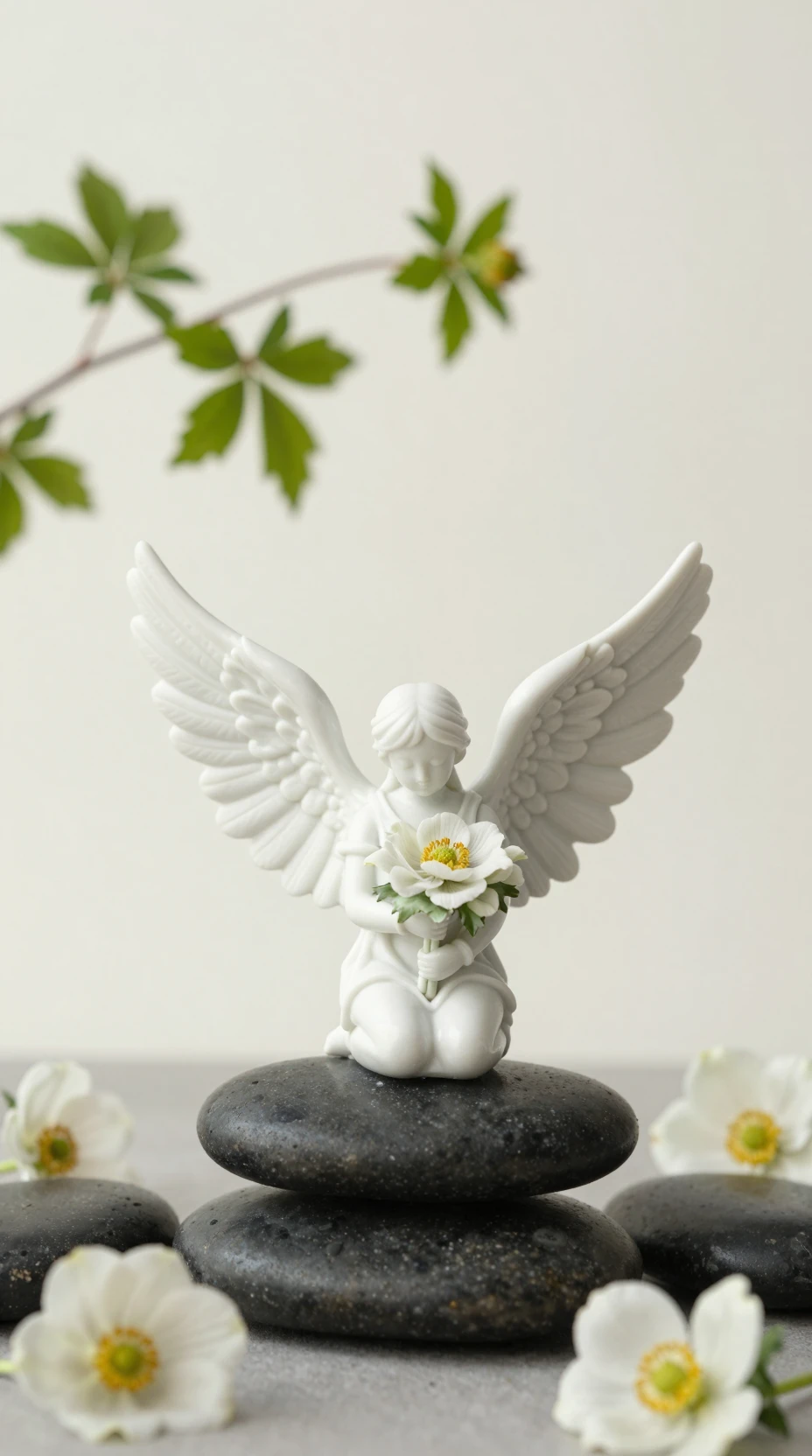 Porcelain fairy sculpture with flowers on dark river stones