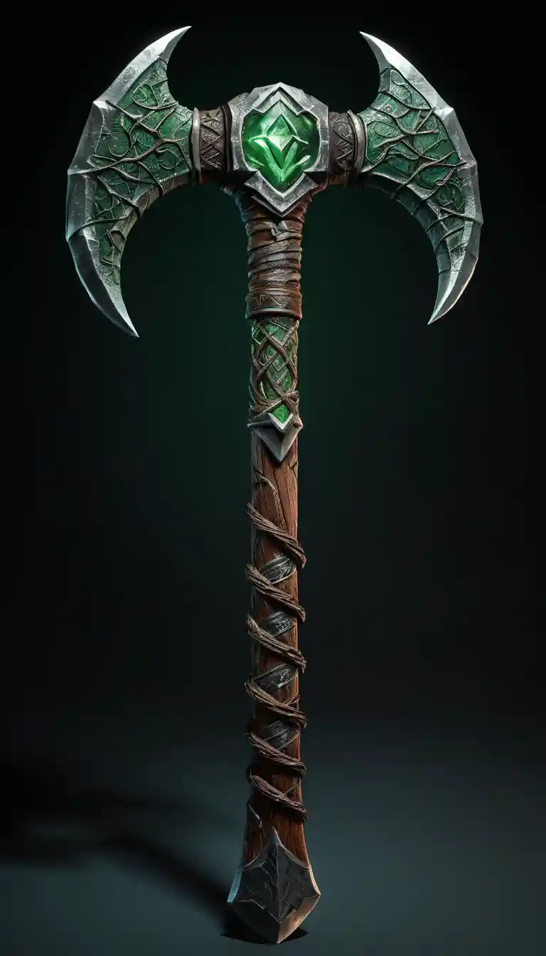 Dark fantasy battle axe with glowing druidic runes