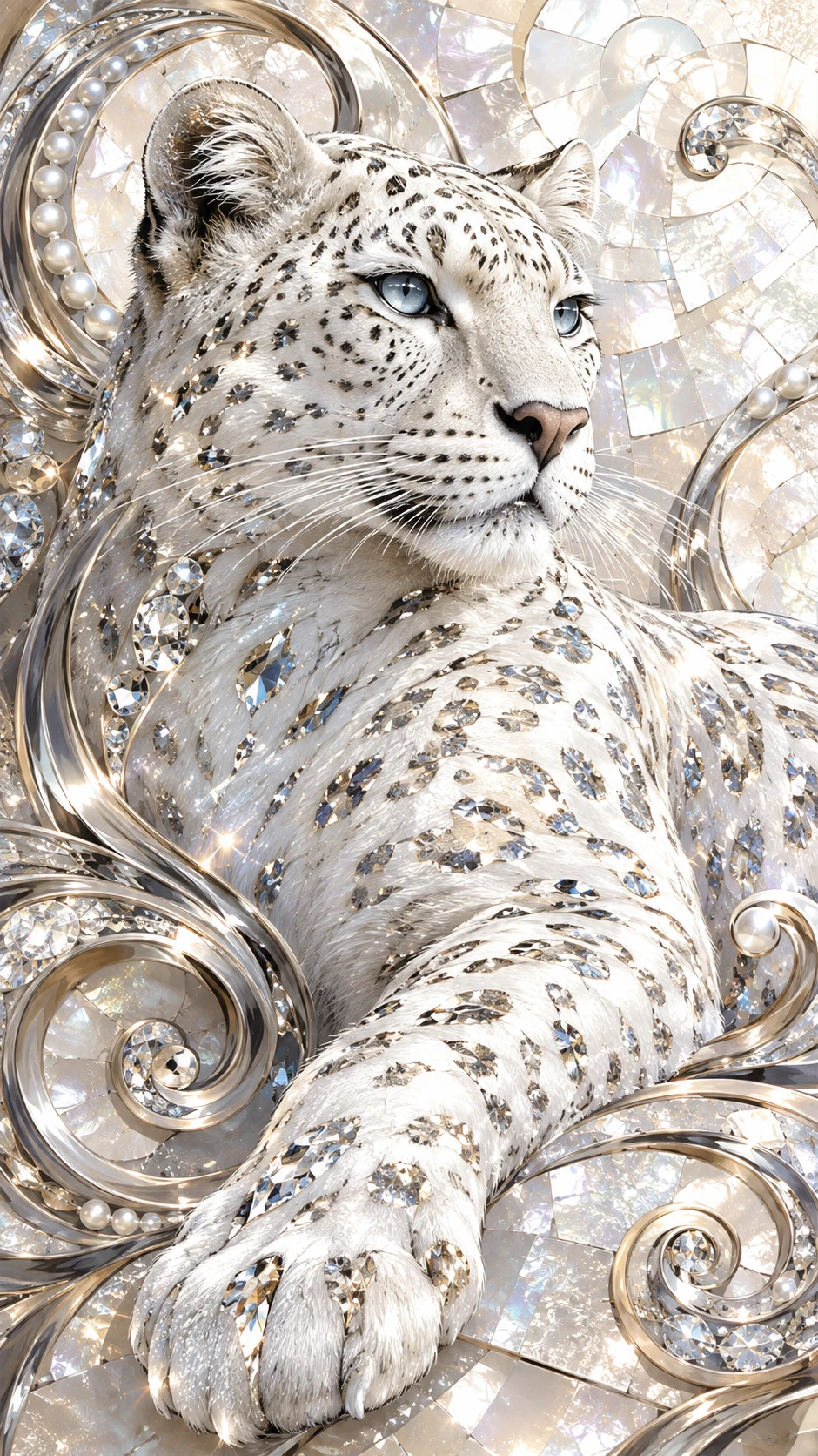 Leopardo de fantasía de cristal en estilo aerógrafo metálico y brillante