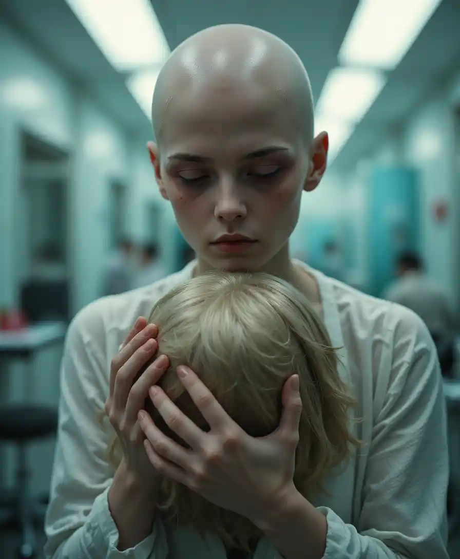 Young woman clutching a wig in a sterile salon