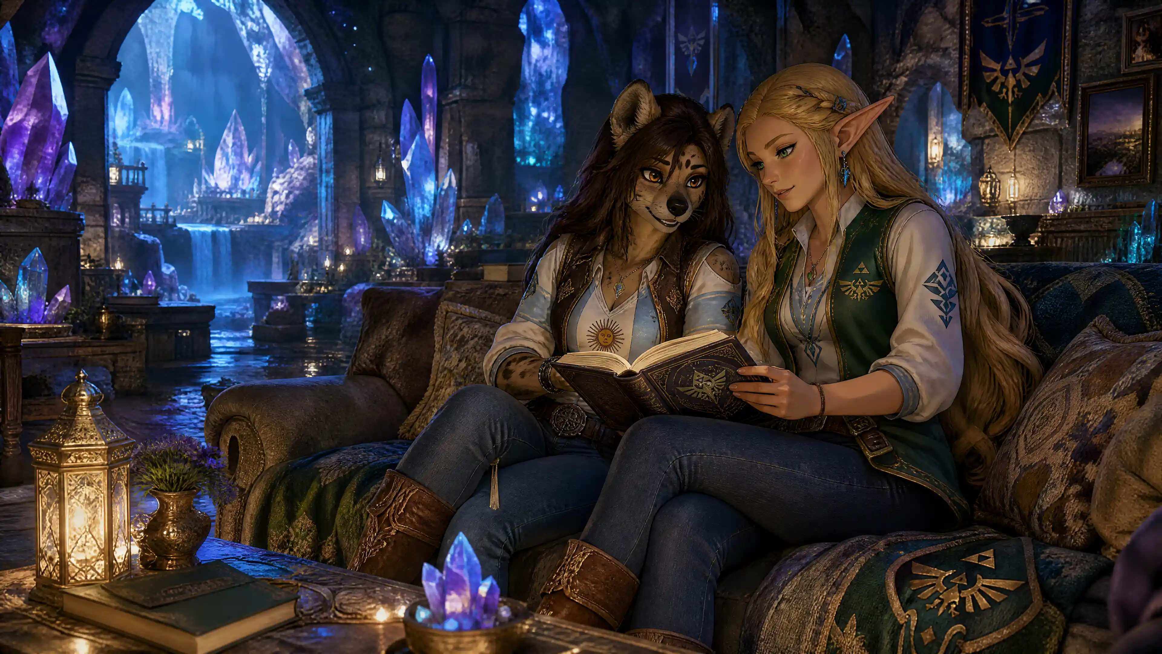 Two fantasy women reading together in a crystal cavern