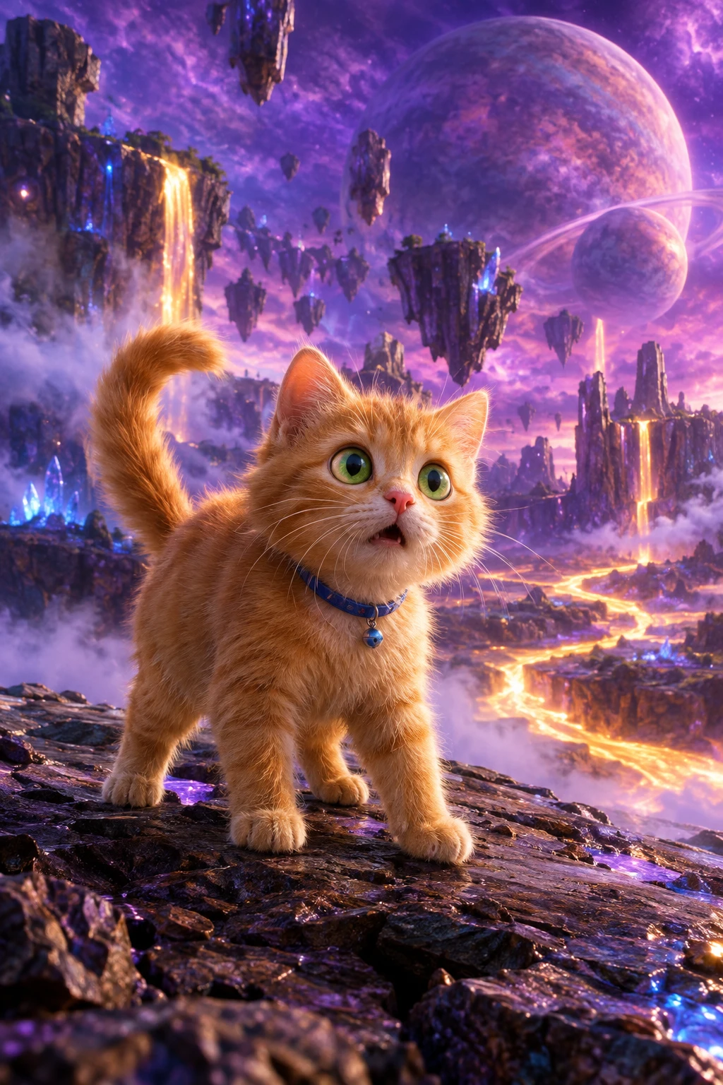 Orangene Katze in einer surrealen Welt aus schwebenden Felsen und Flüssen