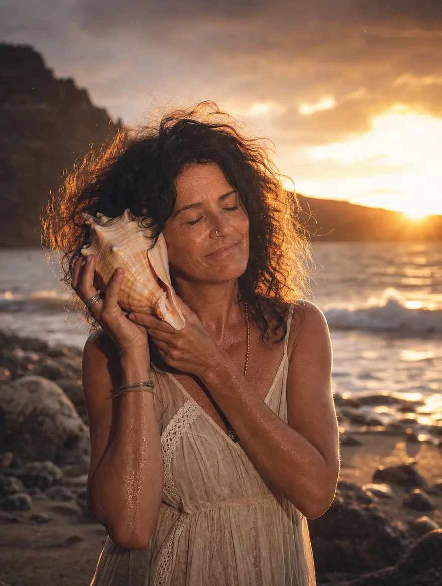 Femme écoutant un coquillage sur une plage de sable noir au coucher du soleil