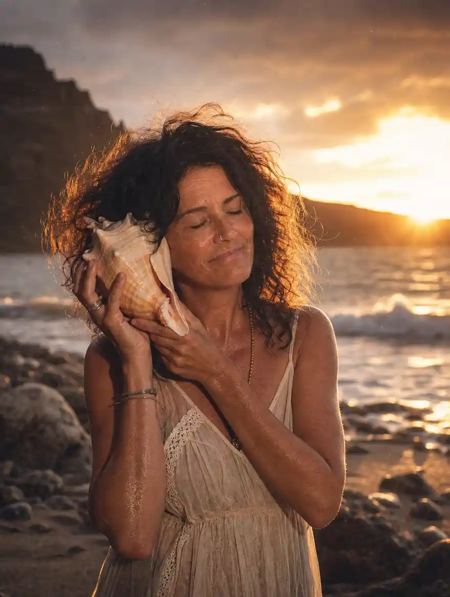 Frau, die bei Sonnenuntergang an einem schwarzen Sandstrand einer Muschel lauscht