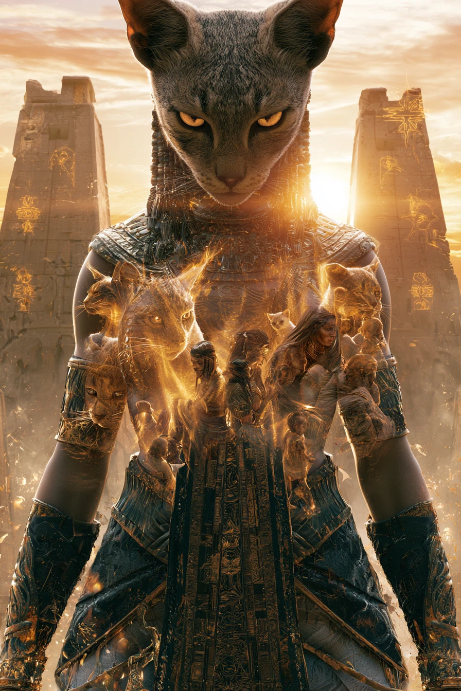 Egyptian cat goddess protector before a glowing temple
