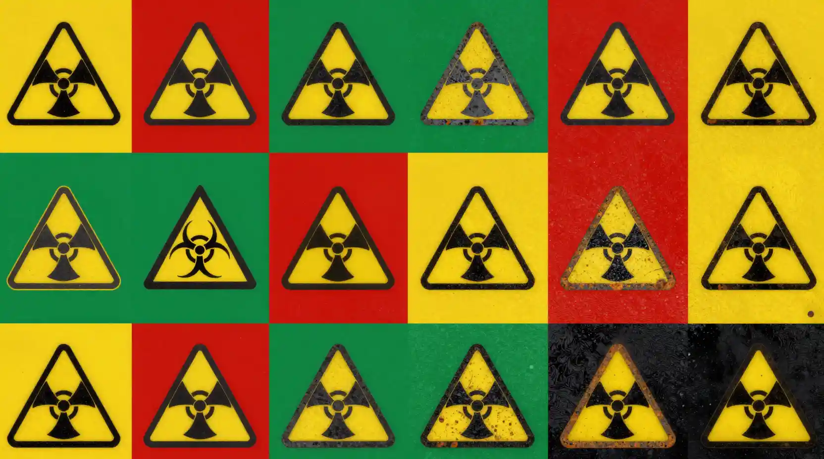 Biohazard Symbols In A Colorful Industrial Grid Layout