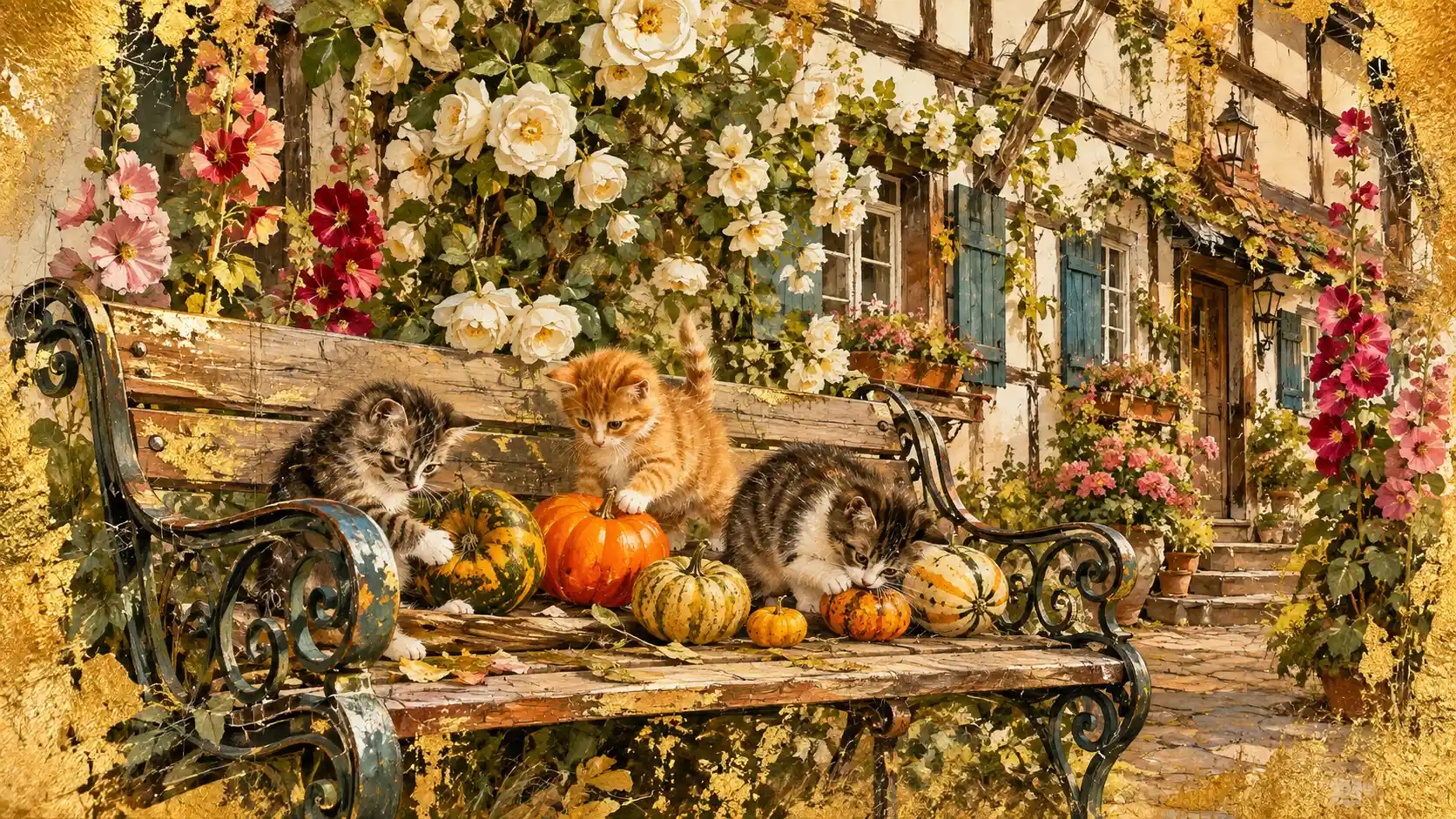 Gatitos Jugando entre Calabazas Decorativas en un Banco Vintage