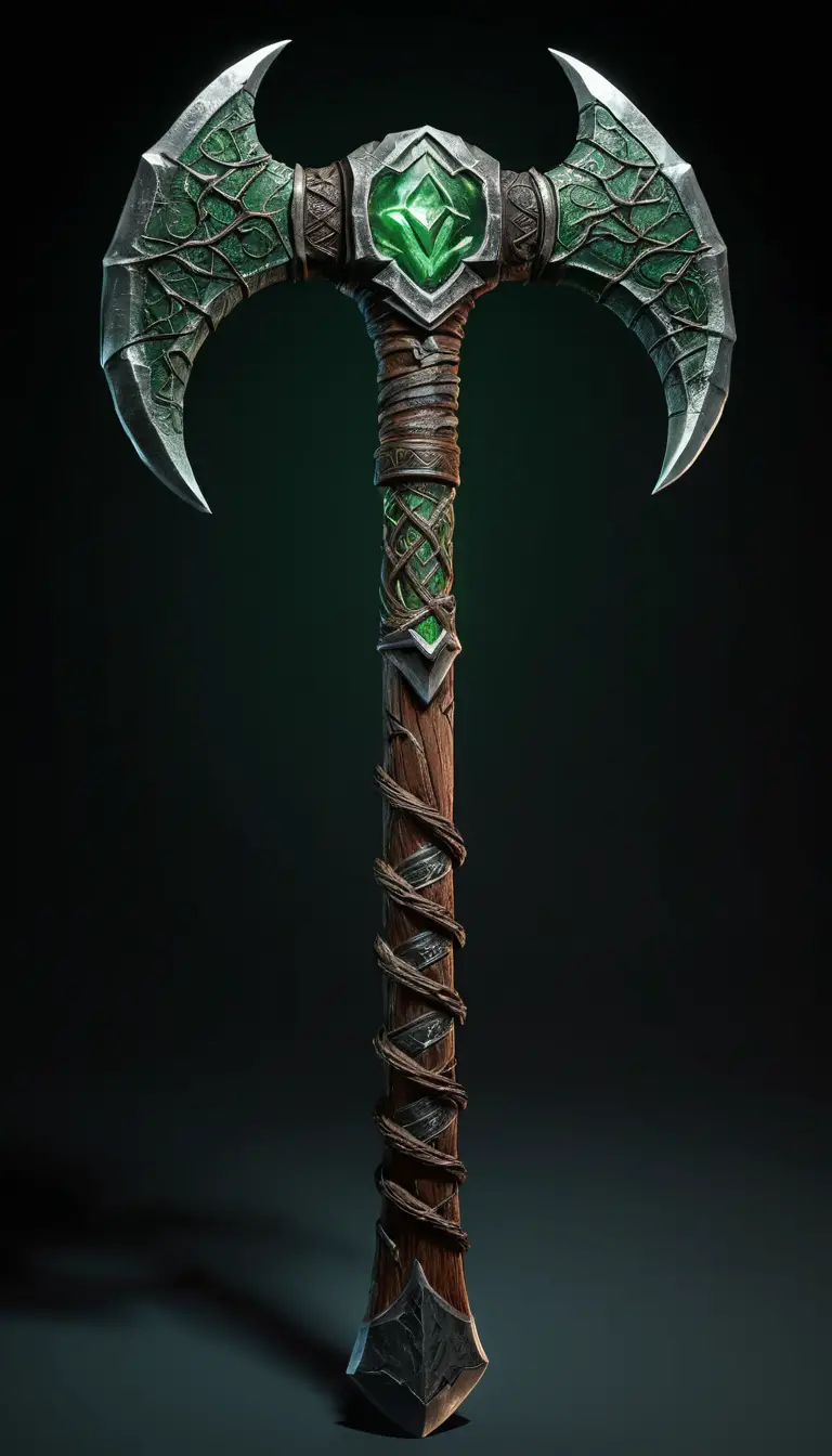 Dark fantasy battle axe with glowing druidic runes