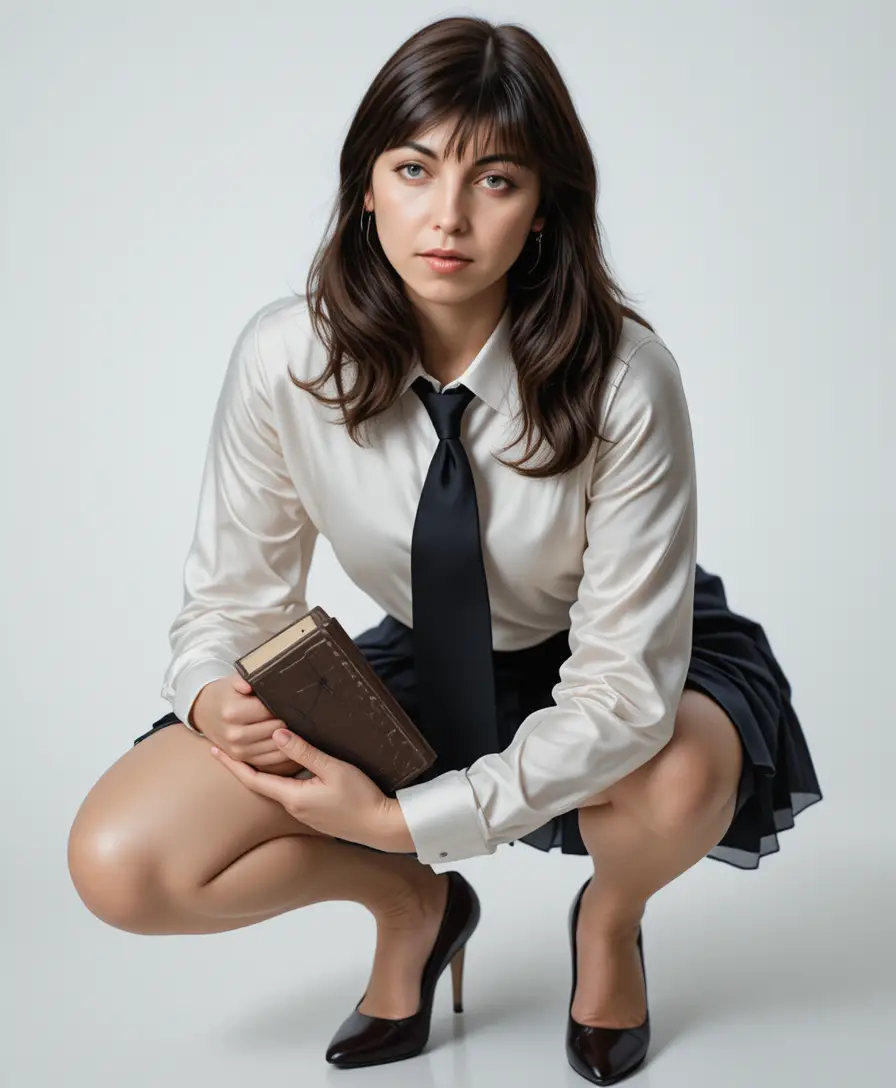 Young woman in school inspired fashion on white