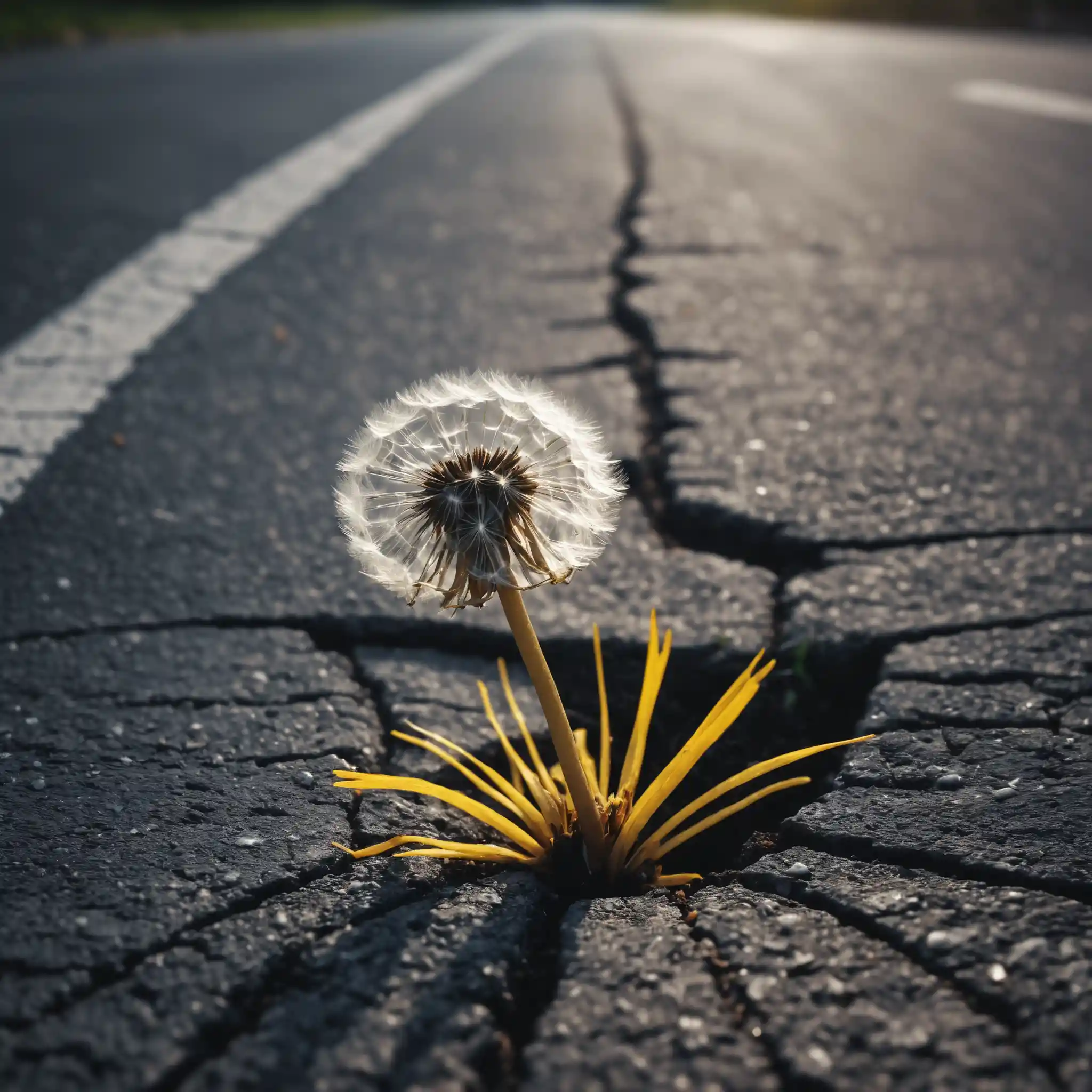 Dandelion Growing From Asphalt Crack In Conceptual Scene