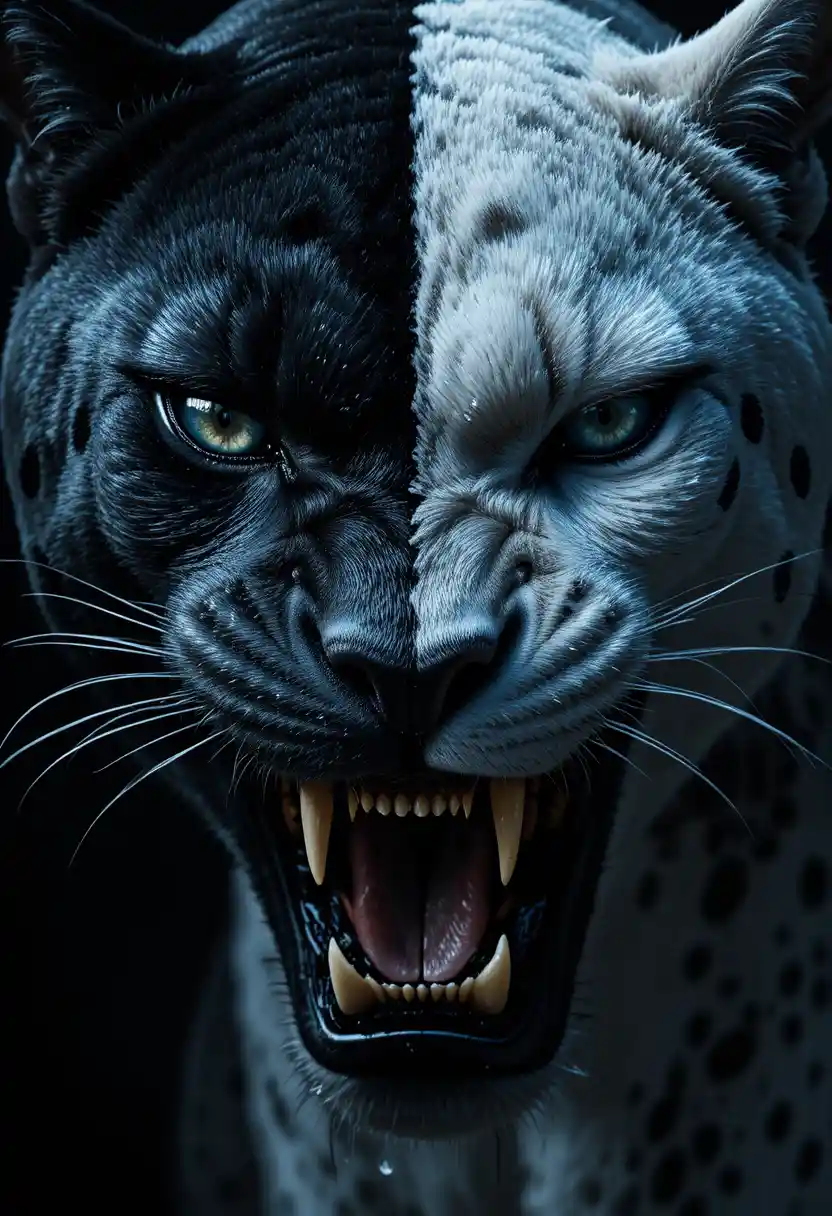 Cinematic close up of split panther and snowy puma head