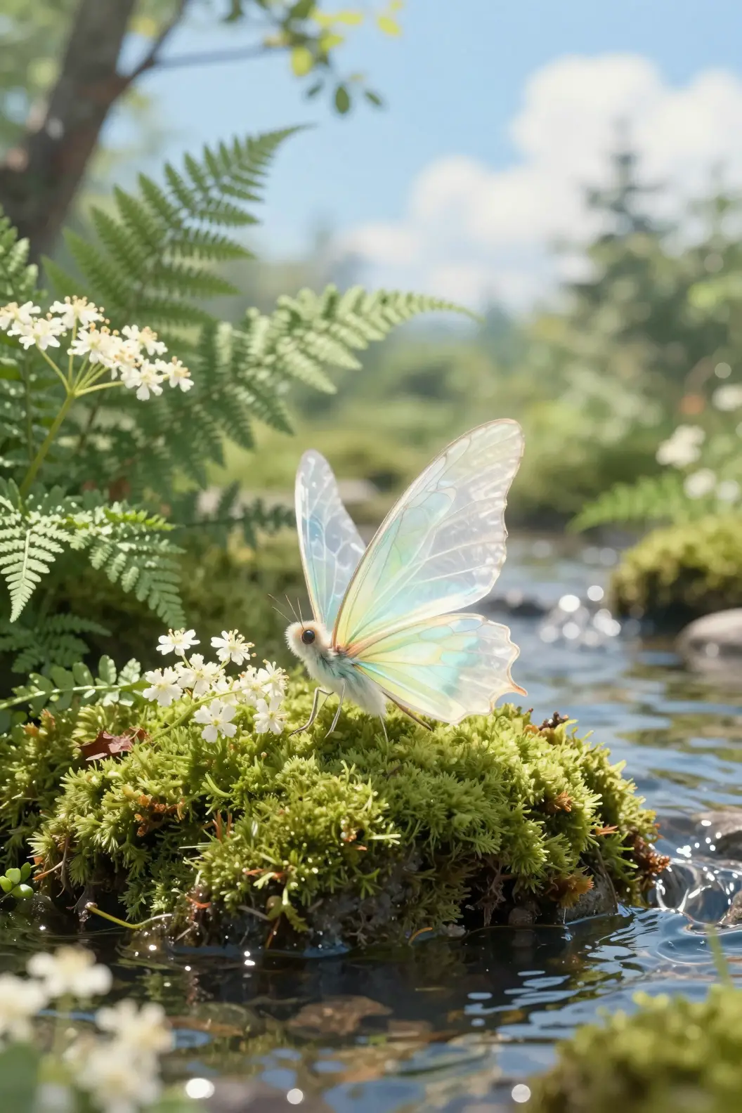 Luminous fairy resting on moss by a clear forest stream
