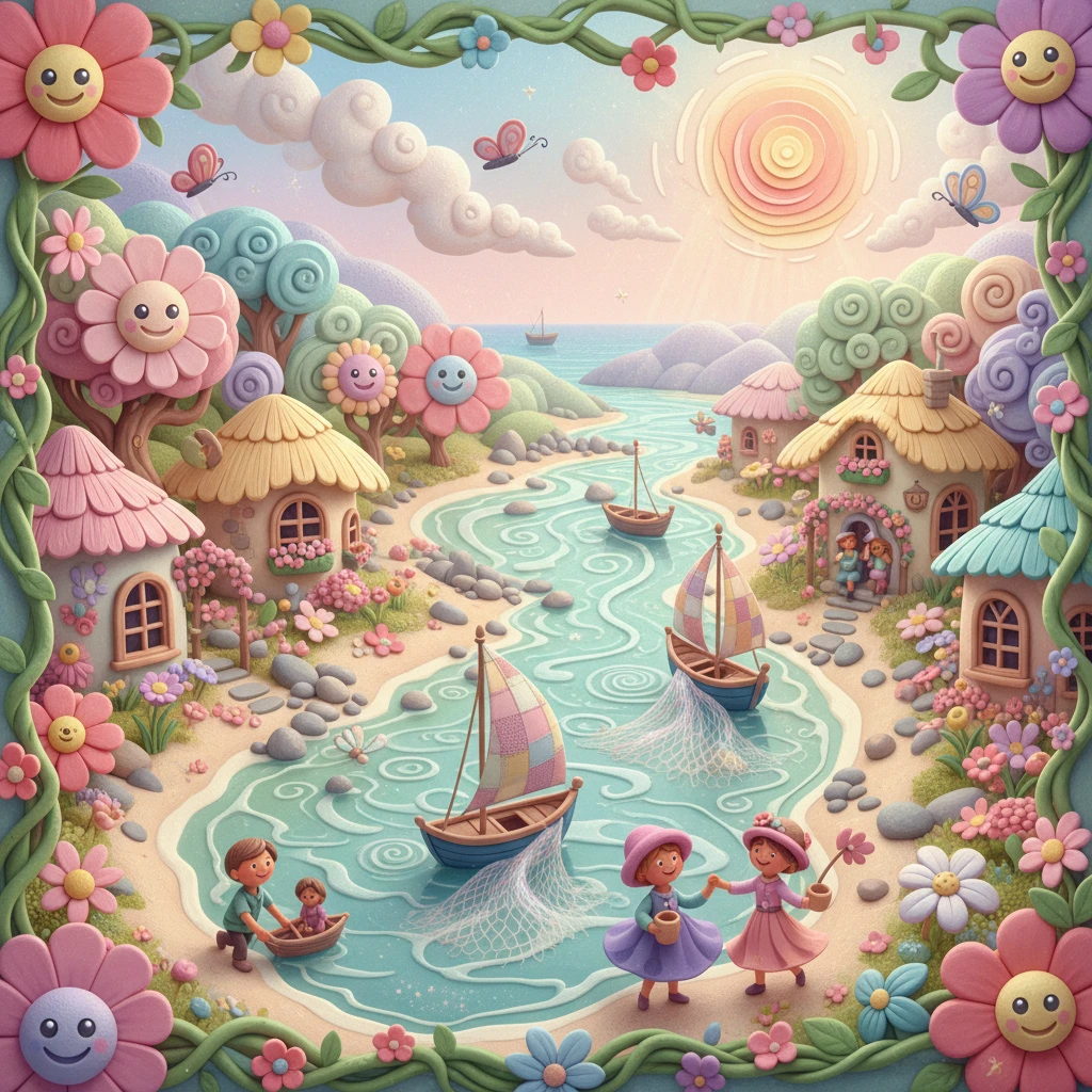 Whimsical pastel seaside village in dreamy 3D style